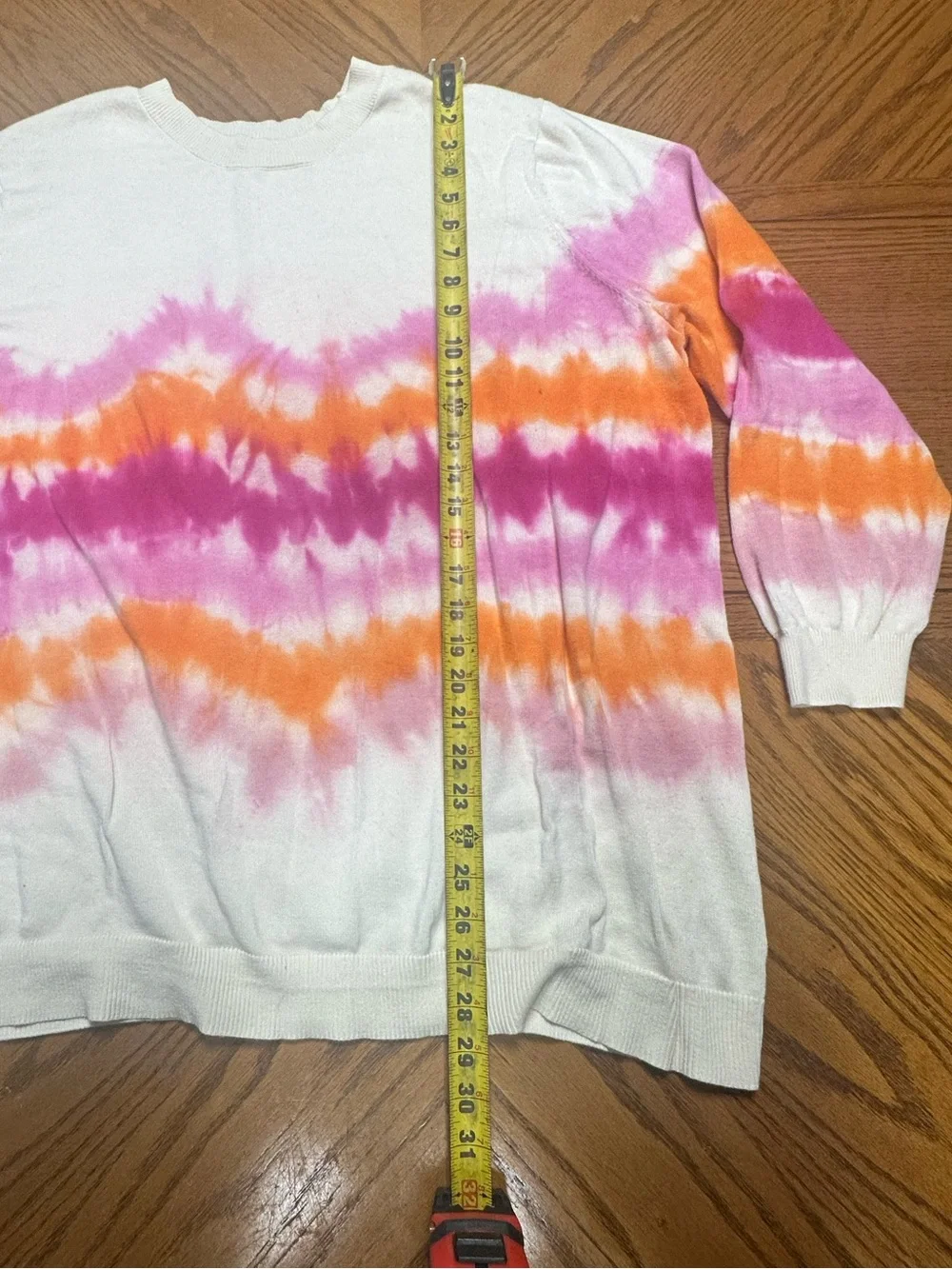 White Tie-Dye Sweater with Pink & Orange Stripes 100% Cotton